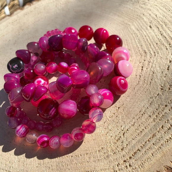 Natural Pink Striped Agate & Genuine Tourmaline Pink Quartz Gemstone Bracelet - Picture 14 of 15